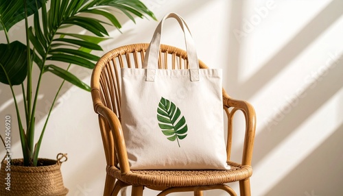 Elegant natural tote bag with a green leaf design on a wicker chair