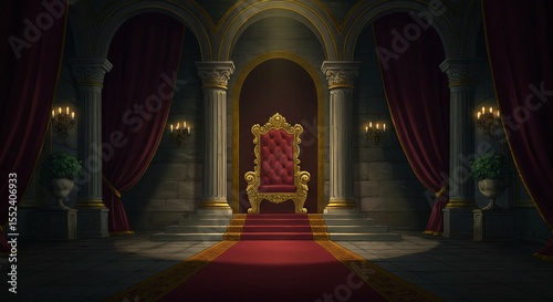 Majestic Anime Fantasy King's Hall Interior with Pillars and Sconces