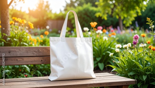 Eco Friendly Canvas Tote Bag on a Wooden Bench in a Lush Garden
