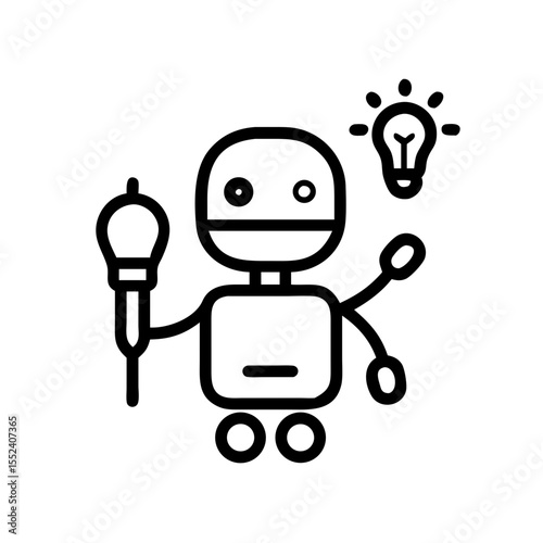A cute robot with a lightbulb, symbolizing innovation and ideas. The robot is holding a microphone