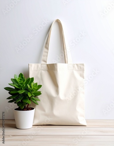 Reusable Cotton Tote Bag With Green Plant And White Pot Minimalist Studio Product Photo
