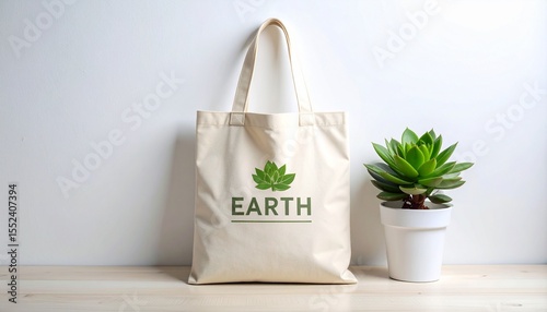 Eco friendly tote bag made of canvas with the Earth logo and green plants
