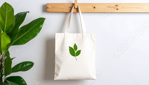 Eco friendly reusable canvas tote bag with green leaf motif hanging on a wooden hook