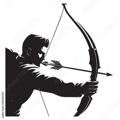 Silhouette of a determined man aiming a bow and arrow with intense focus and ready to shoot