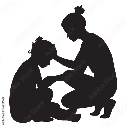 Silhouette of a caring mother comforting her sad child on a white background