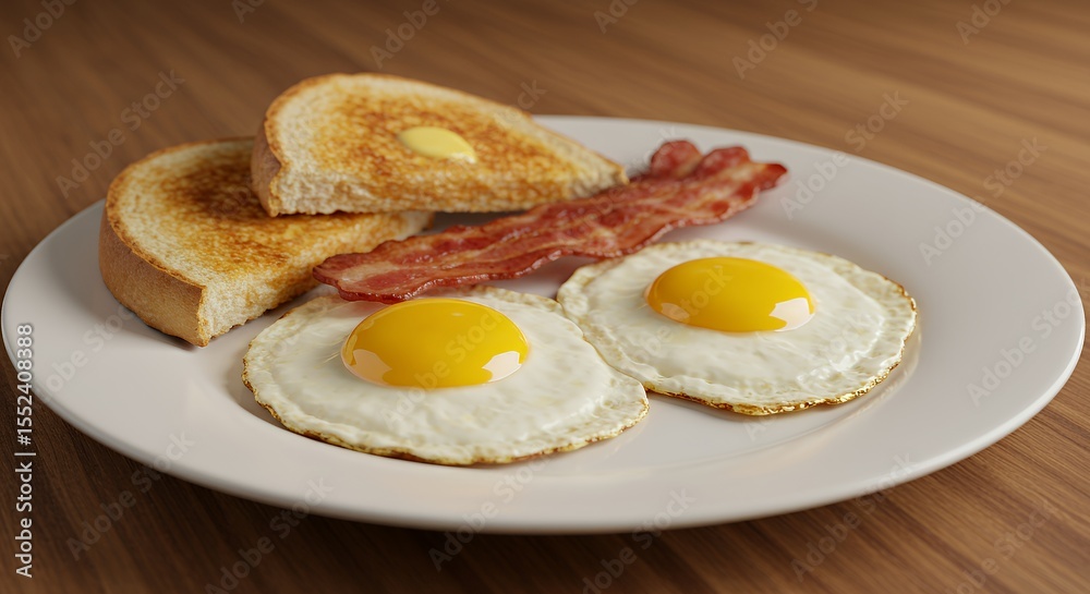 Golden-hued sunny-side-up eggs, crispy bacon, and perfectly toasted bread create a mouthwatering breakfast scene on a pristine white plate. Golden-hued sunny-side-up eggs, crispy bacon, and perfectly toasted bread create a mouthwatering breakfast scene on a pristine white plate.