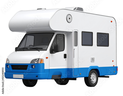 A white and blue camper van, ideal for road trips and adventures