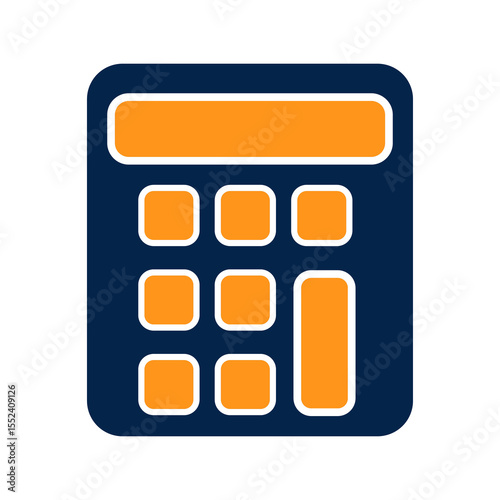 Flat vector icon of a calculator with buttons in orange and navy blue, representing accounting, finance, budgeting, or mathematical calculation in modern minimal style on white background
