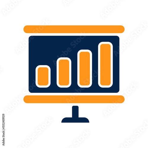 Modern flat illustration of a rising bar chart displayed on a presentation screen representing business analytics financial performance data insights and corporate growth strategy