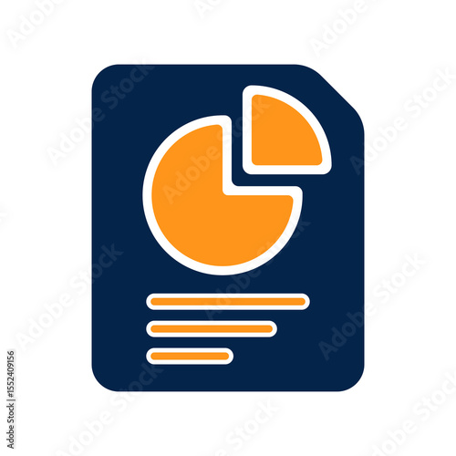 Flat minimalist illustration of a document with pie chart representing data analysis financial report visual statistics performance summary and market insights for business presentation