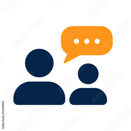 Flat modern illustration of two people with a speech bubble representing communication teamwork conversation discussion dialogue and collaboration in a business or social environment