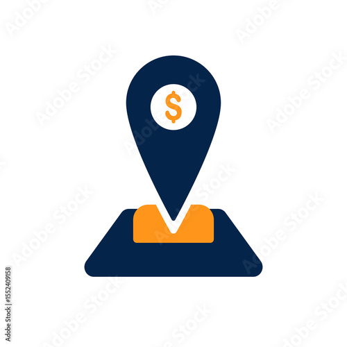 Minimal flat illustration of a location pin with dollar sign on a map representing financial destination business opportunity targeted investment area or money related place