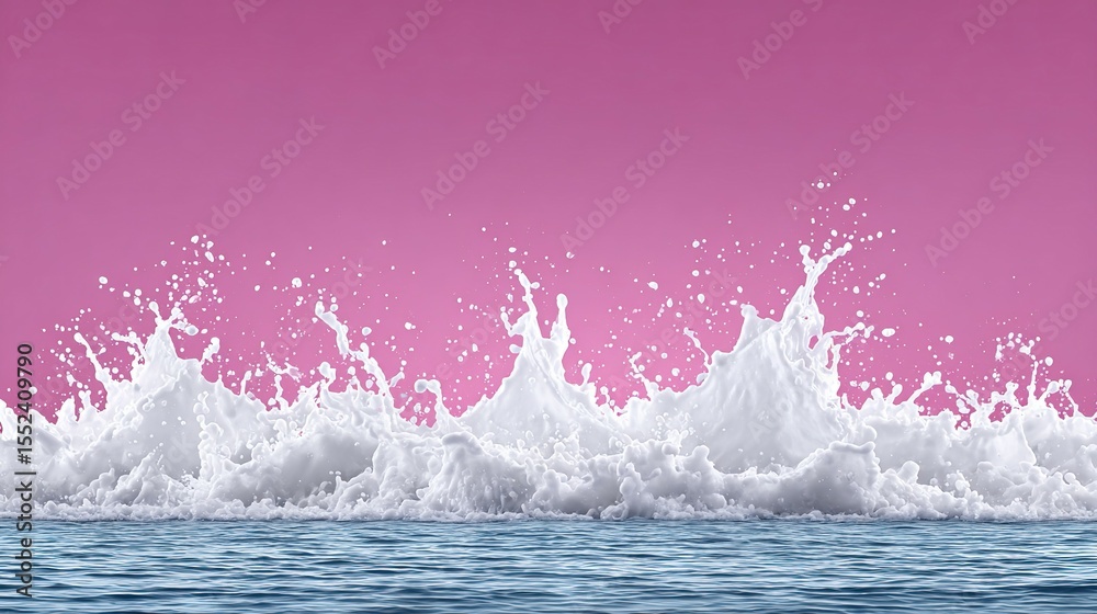 Fototapeta premium White milk splash against a pink background.