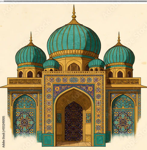 Ornate Central Asian Mosque Illustration Architectural Design in Teal and Gold