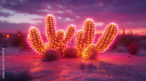 Illuminated desert cacti at sunset.