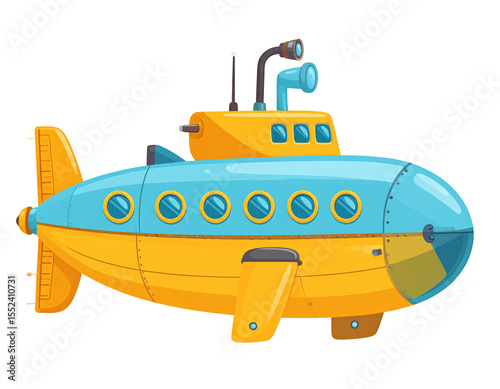 A cartoon submarine, yellow and blue, with multiple portholes and a small periscope