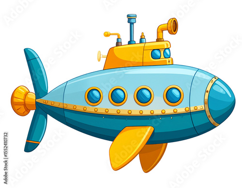 Cartoon submarine, blue and yellow,  with portholes and fins