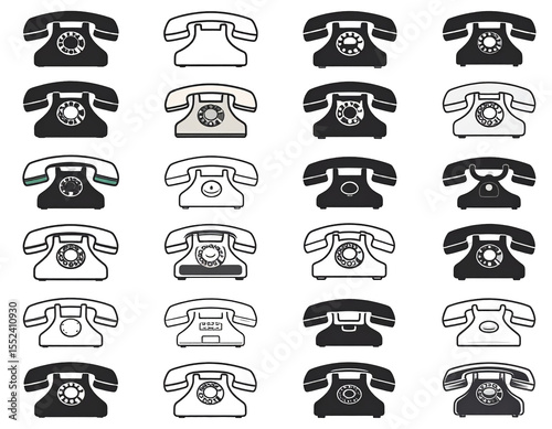 A collection of vintage rotary telephones in various colors and styles