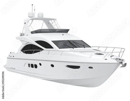 Sleek white motor yacht with multiple decks, large windows, and satellite dishes