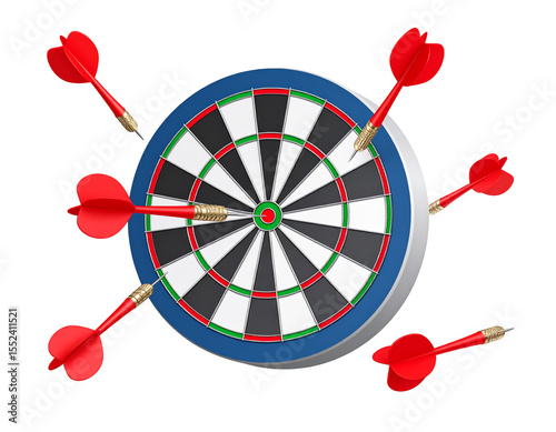 Darts embedded in a dartboard, aiming for the center