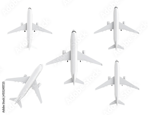 Five white airplanes viewed from above, arranged asymmetrically