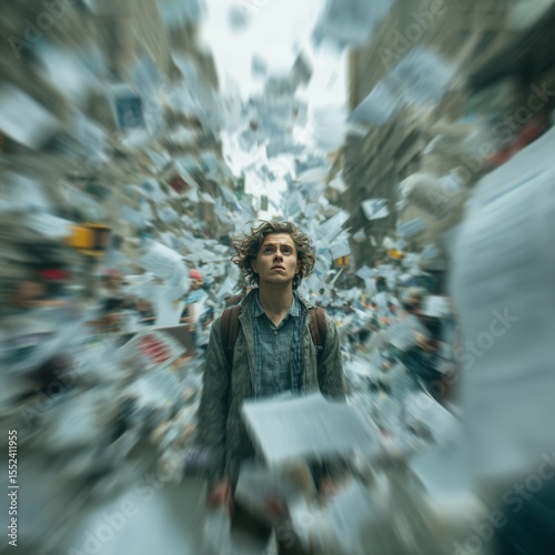 Young man surrounded by flying papers in a busy urban setting