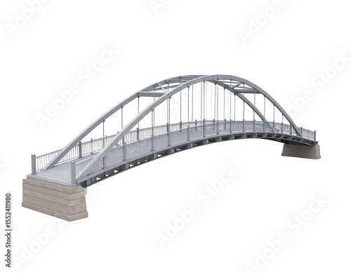 A 3D model of a graceful, arched pedestrian bridge with metal railings and concrete supports
