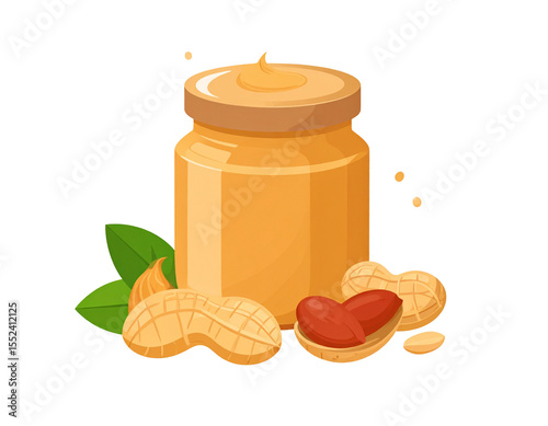Creamy peanut butter in a glass jar with peanuts and leaves