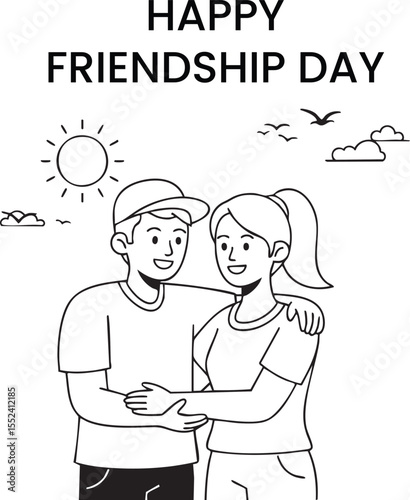  A charming black and white line art illustration depicting two friends, a man and a woman, embracing each other warmly