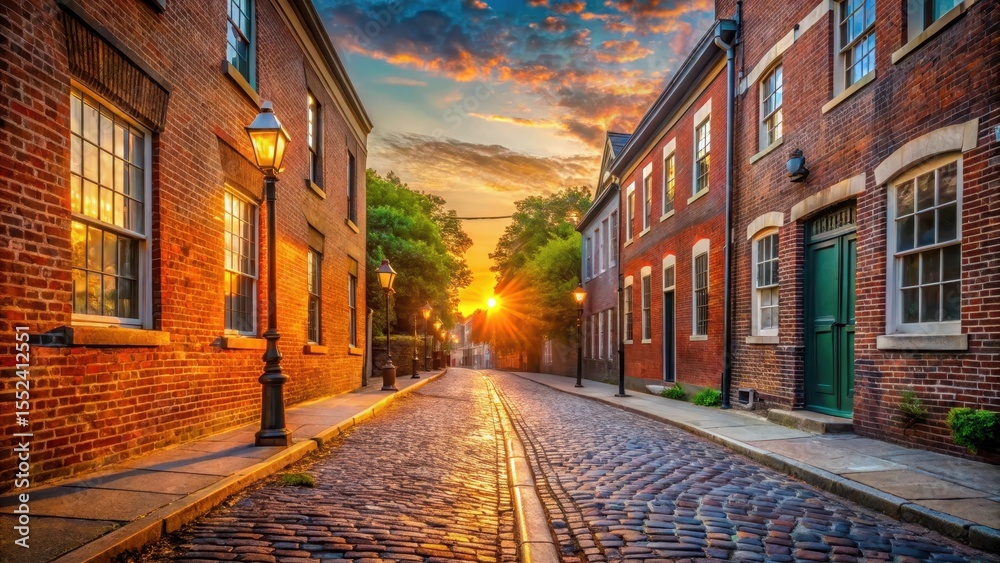 Fototapeta premium Historic town street with red brick wall and cobblestone sidewalk at sunrise, architecture, texture, architecture, texture