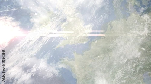 Earth zoom in from space and focus on Eastleigh, England, South West England, Great Britain. Background for travel intro or blog. Satellite view. 3D style Animation. Images from NASA.