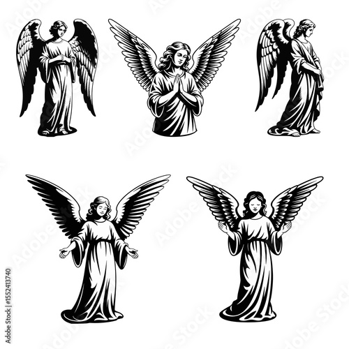 Collection of Five Majestic Angel Figures in Black and White, featuring diverse winged messengers of Heaven, ideal for spiritual, religious, and divine-themed designs.