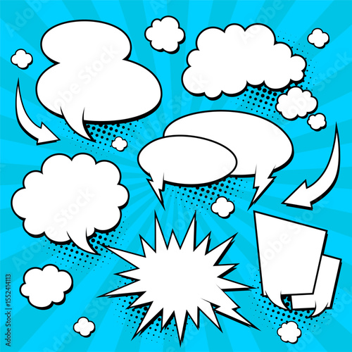 Comic speech bubbles set isolated on blue background. Vector cartoon illustration
