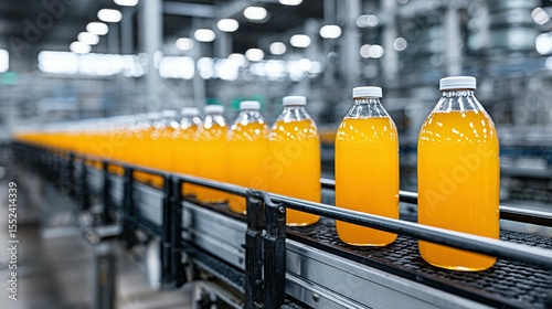 Juice bottles move along a factory production line.