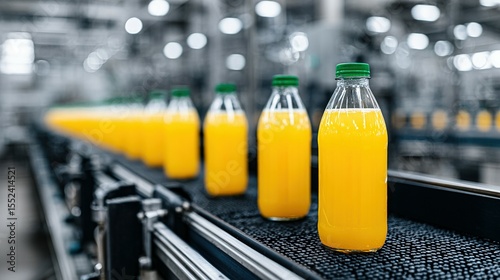 Bottles of orange juice on a factory conveyor belt.
