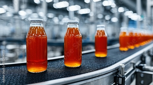 Bottles of amber liquid moving on a conveyor belt in a factory.