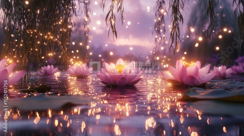 Pink lotus blossoms illuminate a mystical pond at twilight.