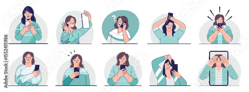 A set of illustrations showing women interacting with mobile phones, displaying various emotions and actions related to calls and messages. Ideal for apps, blogs, tech guides, and digital lifestyle