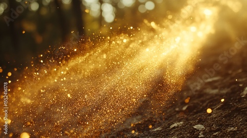 Golden dust explodes from a trail in a forest.