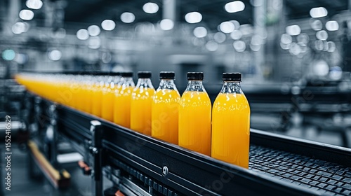 Bottles of juice on a factory conveyor belt.