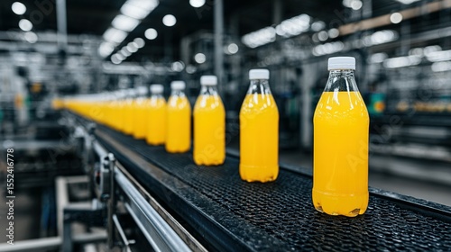 Plastic bottles of juice moving on a conveyor belt in a factory.