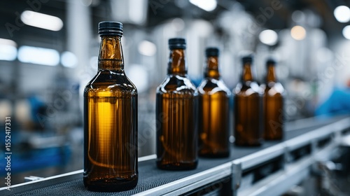 Amber glass bottles moving on a conveyor belt in a factory.