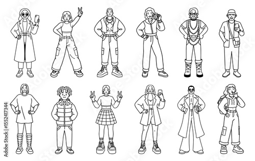 A set of diverse, stylized black and white line art illustrations of young people in various contemporary fashion and streetwear outfits.