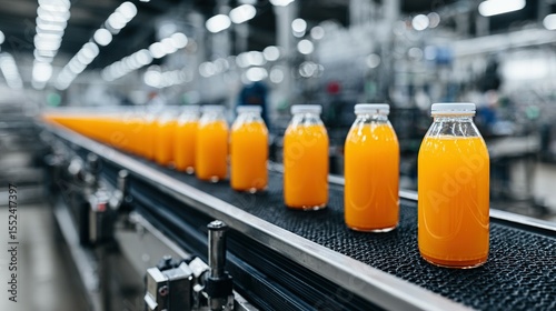 Orange juice bottles on a production line.