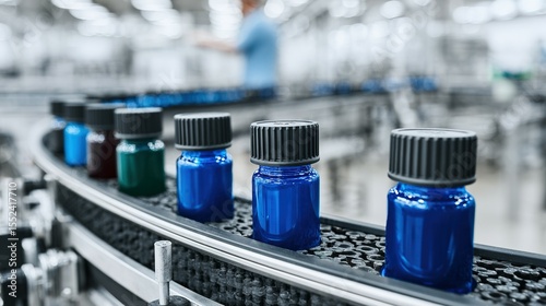 Blue bottles moving on a factory conveyor belt.