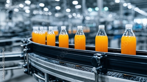 Plastic bottles of orange juice on a conveyor belt in a factory.