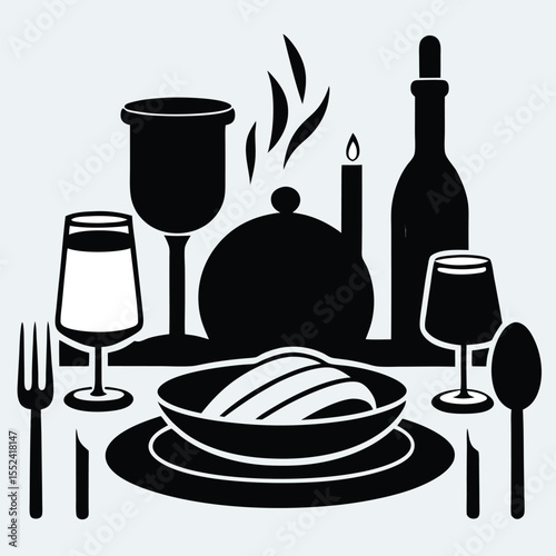Elegant dinner setting featuring a candlelit meal with wine and steam rising from a covered dish evoking a sense of sophistication and warmth