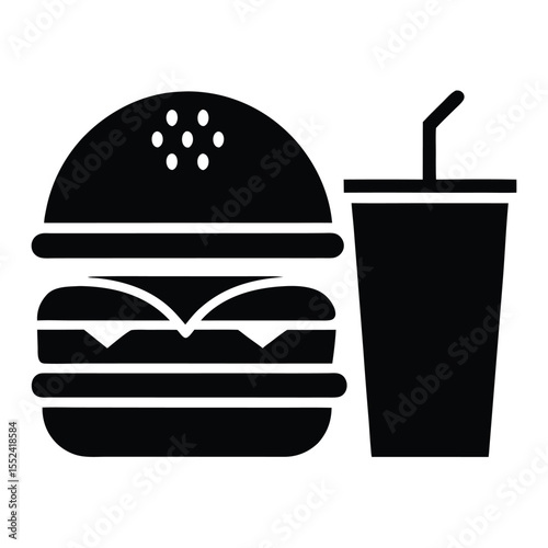 Simple black and white icon of a classic cheeseburger and a soda cup with a straw representing fast food and takeout meals