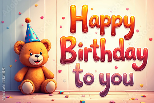 A cartoon teddy bear wearing a blue party hat sits beside colorful Happy Birthday to you text on a wooden background with confetti.