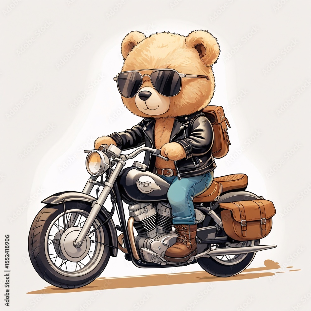 Obraz premium A cute, fluffy teddy bear riding a classic cruiser motorcycle, wearing a black leather jacket, dark sunglasses, jeans, and brown boots.
